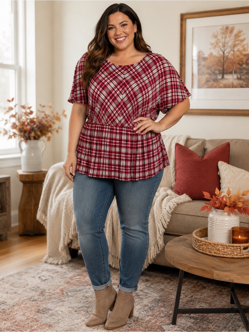 Lane Bryant Red Plaid Peplum Blouse Size 18 Tie Back Rayon Top